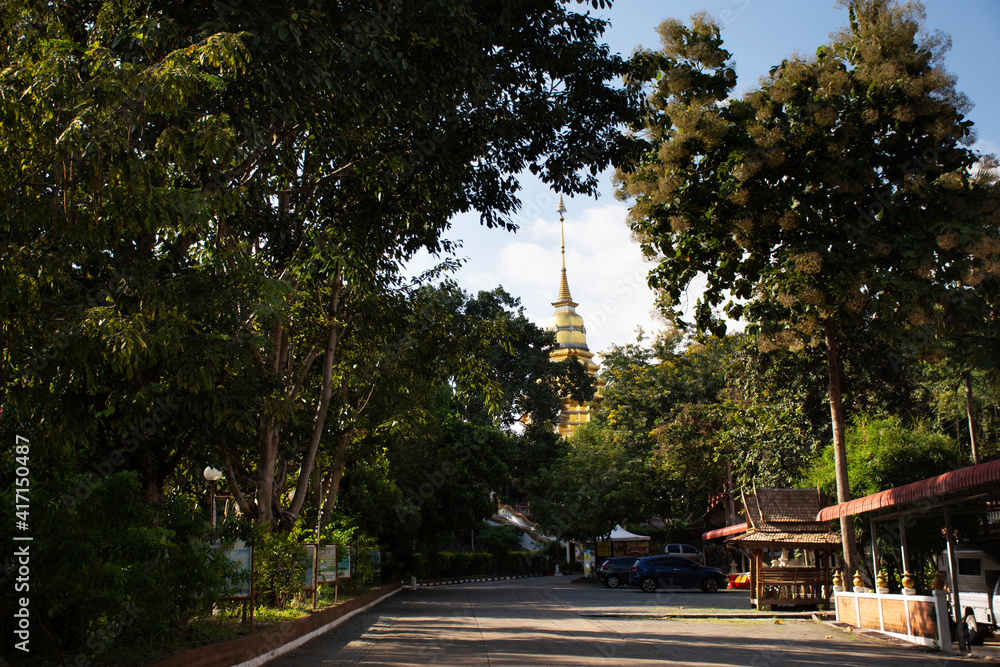 Landscape and chedi pagoda stupa of Wat Phra That Doi Saket temple for thai people and foreign travelers travel visit and respect praying at Chiangmai city on November 10, 2020 in Chiang Mai, Thailand