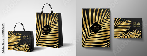 Tropical shopping paper bag design template with gold palm branch (golden leaf) print. Holiday black exotic pattern for brand gift packet, premium shop purchase. Vector packaging layout
