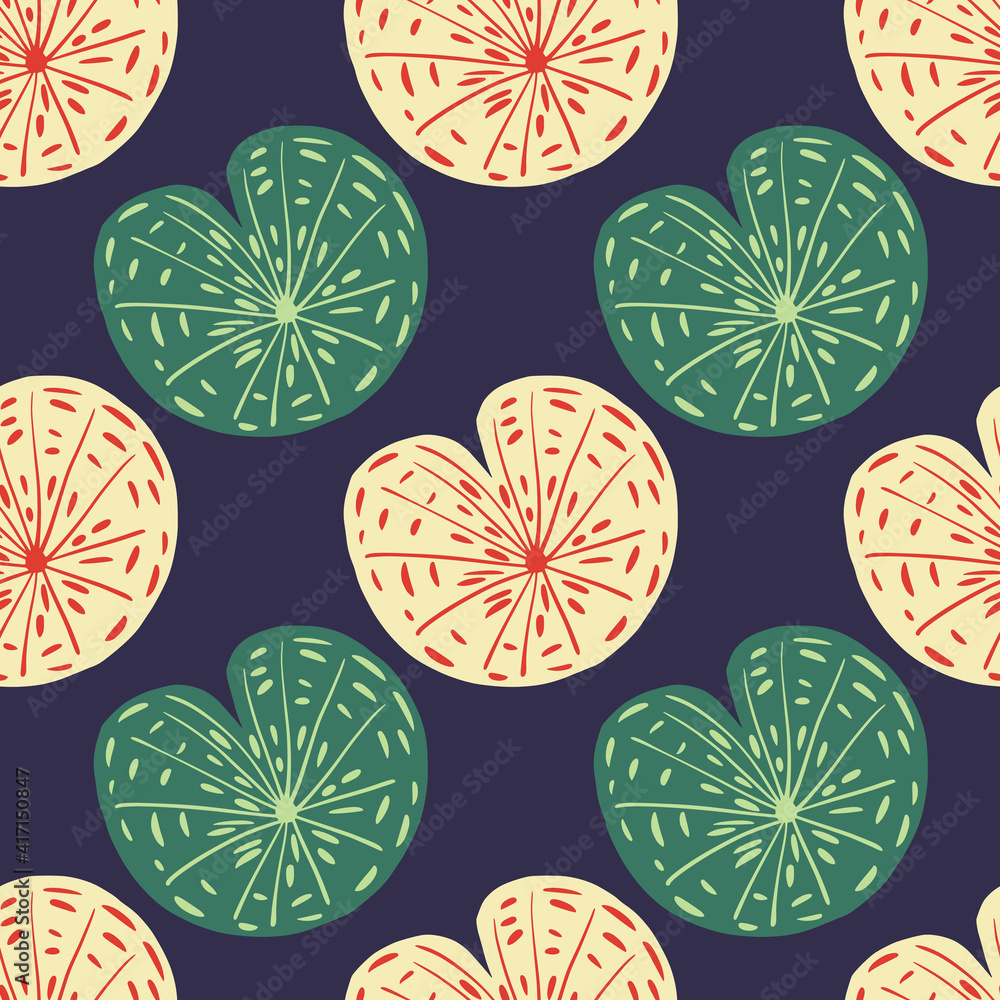 Bloom seamless pattern with japanese botanic water lily silhouettes. Navy blue background. Simple style. Bloom seamless pattern with japanese botanic water lily silhouettes. Navy blue background. Simple style.