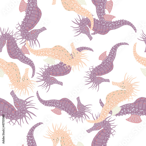 Isolated seamless pattern with pink and purple pastel colored seahorse ornament. White background. © smth.design