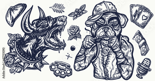 Dogs. Evil doberman and crime boxer bulldog. Criminal street culture graphic elements. Old school tattoo vector collection. Cartoon character. Hip-hop and gangsta lifestyle. Ghetto underground art