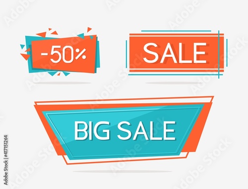 Sale badges, price tags, banners. Badges for sales, discounts and promotions. Vector colored icons in orange and turquoise colors.