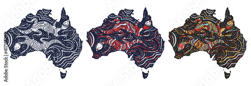 Australia map. Old school tattoo vector art. Hand drawn cartoon character set. Isolated on white. Traditional tattooing style. Ethnic australian tribe style