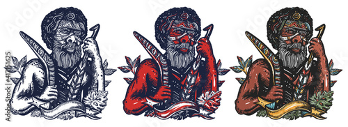 Australian ethnic tribe aboriginal man. Ancient warrior. Old school tattoo vector art. Hand drawn cartoon character set. Isolated on white. Traditional tattooing style. Australia art