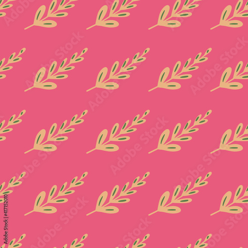 Bright seamless pattern with abstract creative leaf branches simple shapes. Pink background. Simple design.