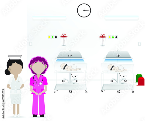 Illustration Neonatal ward  , Nursery ward. Neonatal intensive care and newborn babies lying on baby crib  