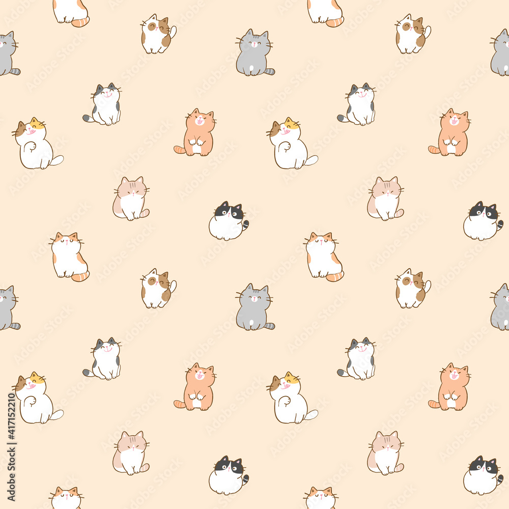 Fototapeta premium Seamless Pattern with Cartoon Cat Illustration Design on Beige Color Background