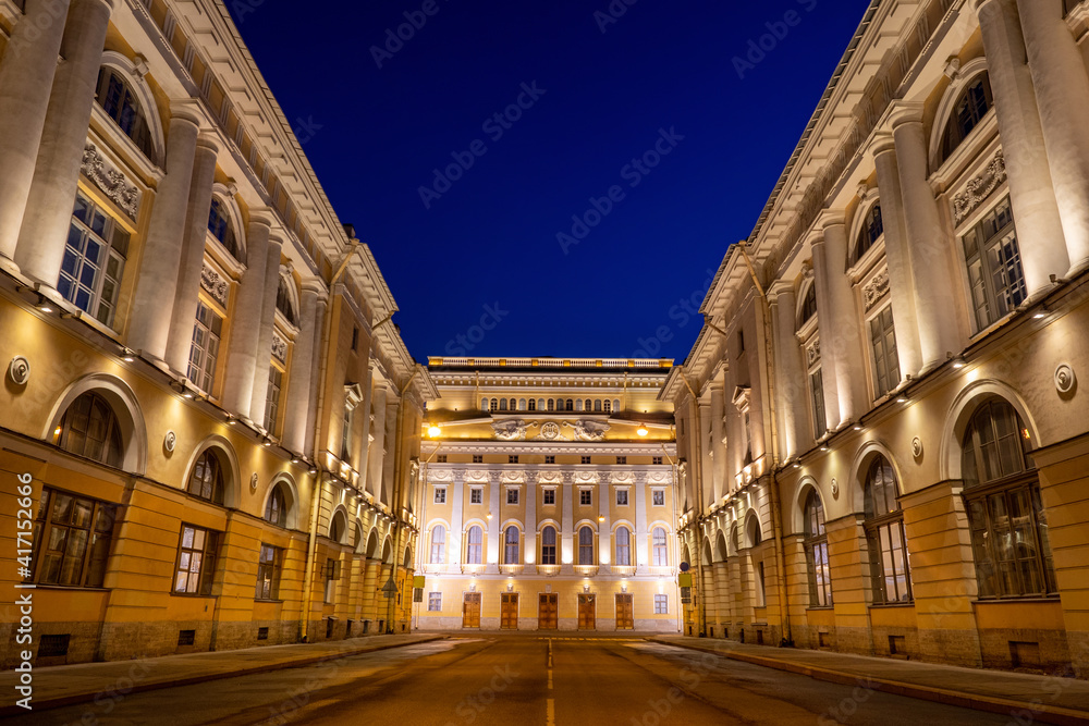 Buildings of Saint Petersburg. Architecture of Russia. Night road in Saint Petersburg. Architectural excursions in St. Petersburg. Evening landscape of Russian city. Exteriors of Russia buildings