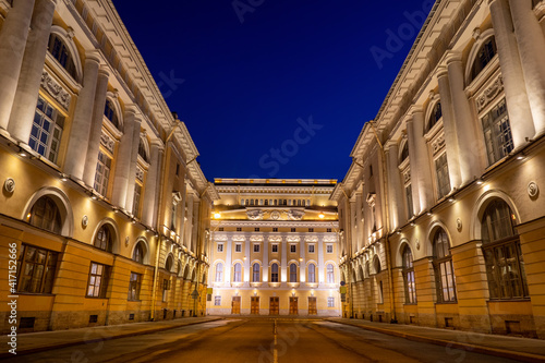 Buildings of Saint Petersburg. Architecture of Russia. Night road in Saint Petersburg. Architectural excursions in St. Petersburg. Evening landscape of Russian city. Exteriors of Russia buildings