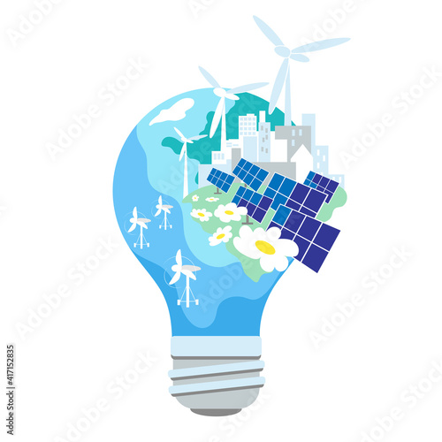 Alternative renewable energy concept. Solar panel, wind turbines, tidal turbine on Earth. Elecrtic light bulb. Simple flat design.