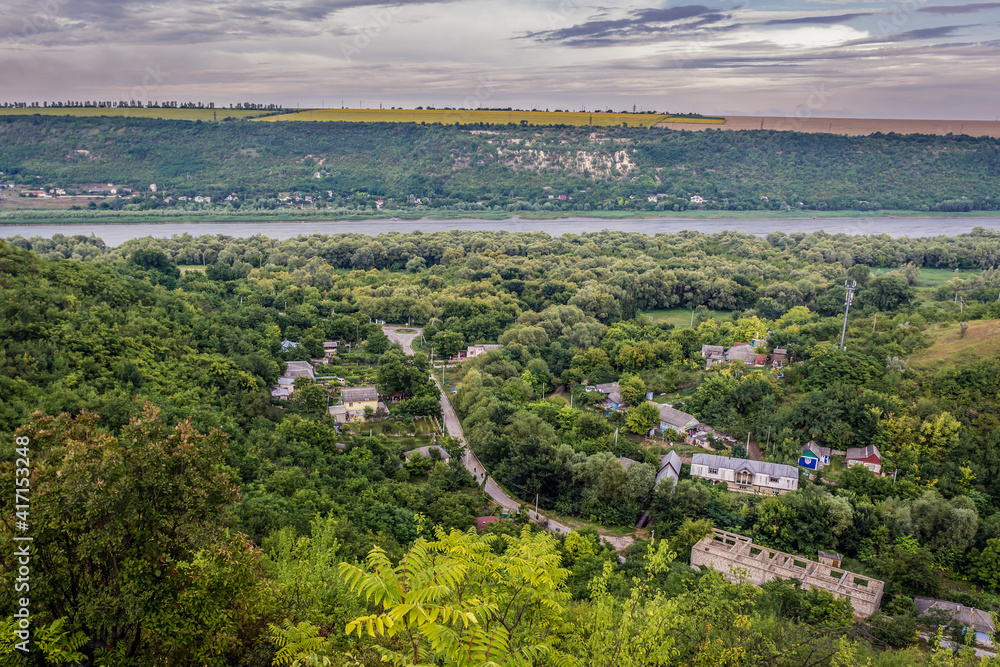 Aerial view in Saharna village, Moldova on Dniester River, breakaway state called Transnistria on background