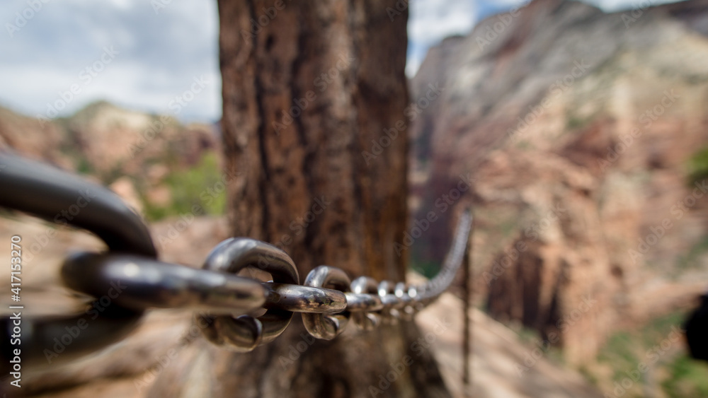 Close up of the wire ropes, tightropes at the angels landing in the Zion National Park, USA