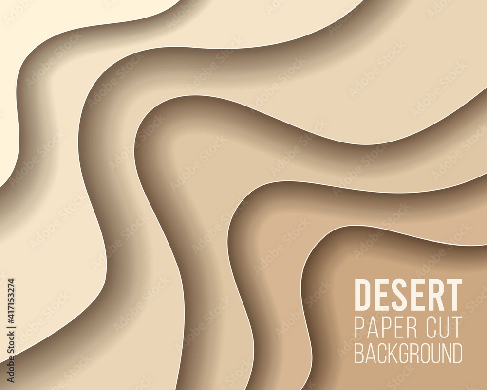 Paper cut Abstract art background 3d beige gold color beach sand,desert with barchan dunes.Template Sand texture with wavy lines pattern.Vector cover,flyer,textile print,banner, poster, card,wallpaper