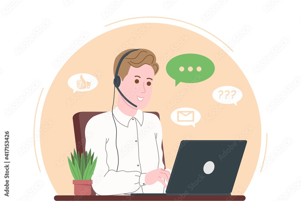 Call center, customer service, support and assistance landing page. Hotline man operator with headsets and laptop. Concept of telemarketing and consultation. Cartoon vector illustration. Call center, customer service, support and assistance landing page. Hotline man operator with headsets and laptop. Concept of telemarketing and consultation. Cartoon vector illustration.