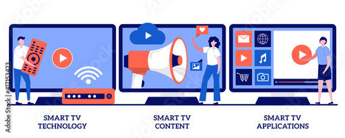 Smart TV technology, content, applications concept with tiny people. Modern television abstract vector illustration set. Network connected interactive device, internet TV, broadcasting media metaphor