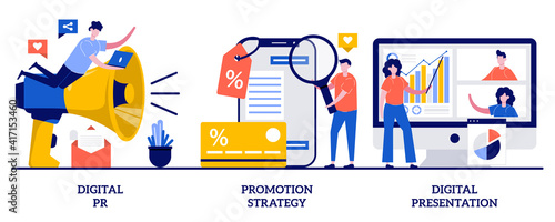 Digital PR, promotion strategy, digital presentation concept with tiny people. Online marketing campaign vector illustration set. Reputation management, customer loyalty, brand awareness metaphor