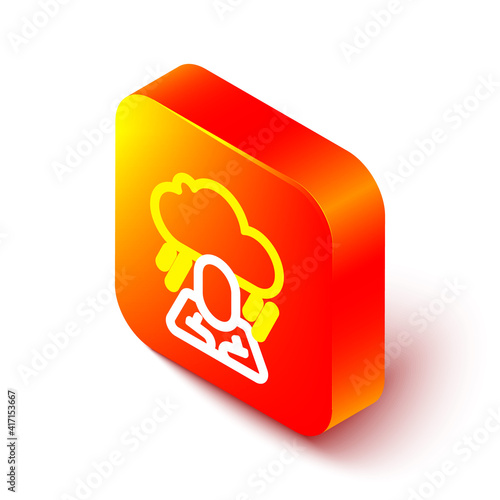 Isometric line Depression and frustration icon isolated on white background. Man in depressive state of mind. Mental health problems. Orange square button. Vector.