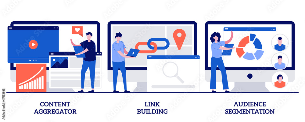 Content aggregator, link building, audience segmentation concept with tiny people. Content marketing vector illustration set. Page rank, target audience, digital ad campaign, hyperlink metaphor