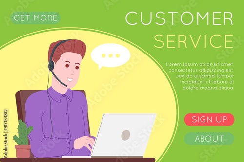 Call center, customer service, support and assistance landing page. Hotline man and woman operator with headsets and laptop. Concept of telemarketing and consultation. Cartoon vector illustration.