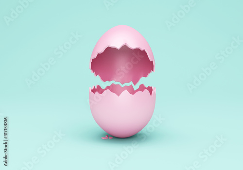 Happy Easter Concept. Empty Broken Pink Easter Egg on turquoise studio background