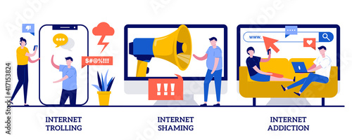 Internet trolling, shaming and addiction concept with tiny people. Social media behavior abstract vector illustration set. Digital harassment, stalking and bullying, emotional message metaphor