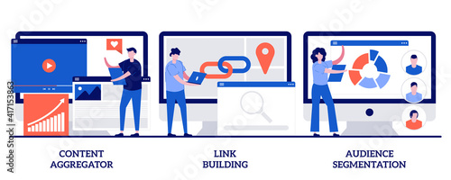 Content aggregator, link building, audience segmentation concept with tiny people. Content marketing vector illustration set. Page rank, target audience, digital ad campaign, hyperlink metaphor