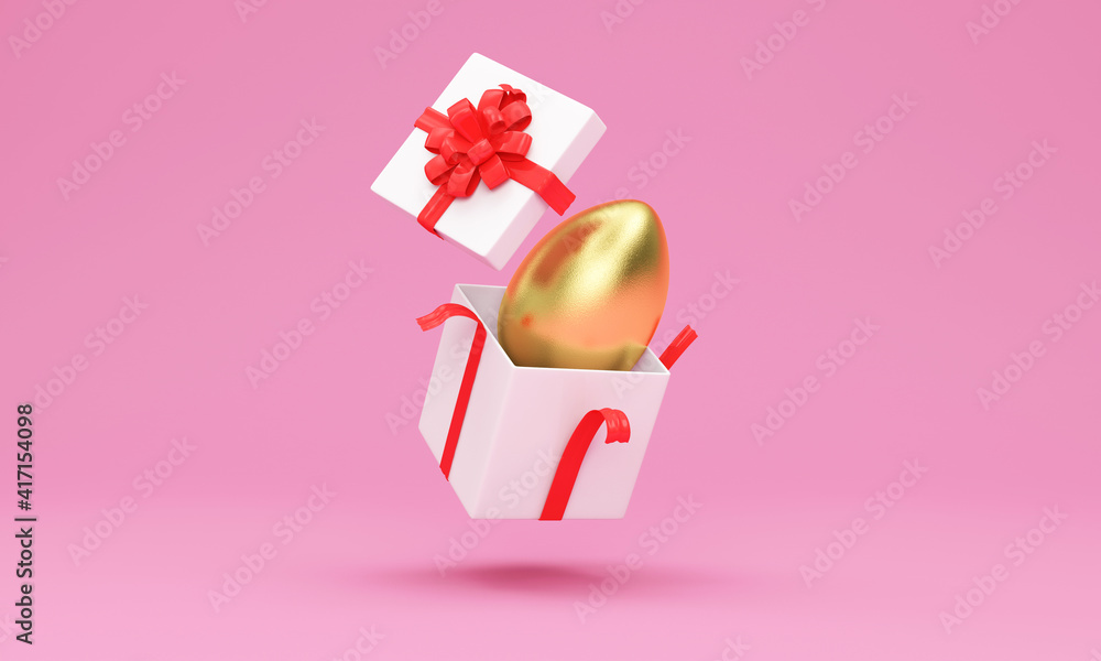 Happy Easter Concept. Gift Box with Golden Easter Egg Inside on pink studio background