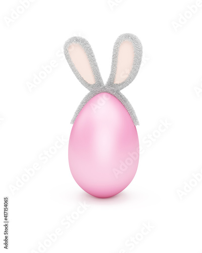 Happy Easter Concept. Painted Easter Egg with Furry Bunny Ears isolated on white background