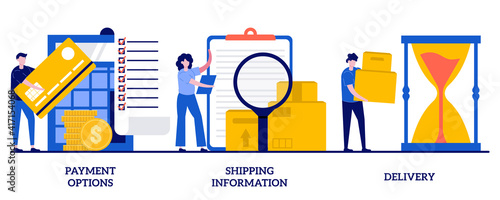 Payment options, shipping information, delivery concept with tiny people. Online shopping abstract vector illustration set. Internet store purchase e-paying metaphor