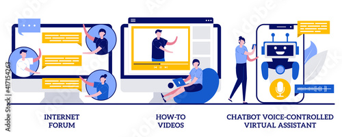 Internet forum, how-to videos, chatbot voice-controlled virtual assistant concept with tiny people. Remote communication vector illustration set. Life hack media, automated online helper metaphor