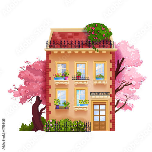 Vintage old house facade, vector toy building exterior illustration with windows, trees, entrance, roof. Spring European town front view, traditional suburban architecture. Dutch retro vintage house