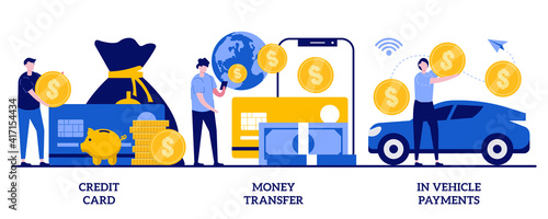 Credit card, money transfer, in vehicle payments concept with tiny people. Digital payment abstract vector illustration set. Online cashback service, bank transaction, drive-through purchase metaphor