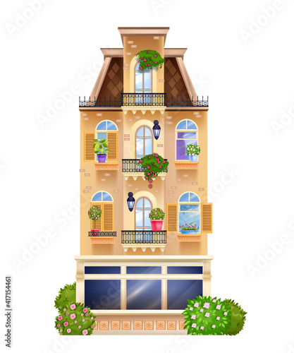 Vintage building facade, vector European house front view illustration with windows, house plants, roof. Old town residence, cottage brick wall, shop showcase, bushes. Classic vintage house, balcony