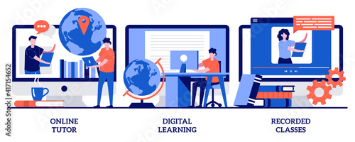 Online tutor, digital learning, recorded classes concept with tiny people. Personal learning vector illustration set. Video call, webinar, smart classroom, training courses, elearning metaphor