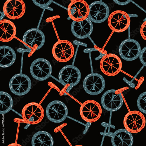 Random seamless pattern with blue and pink circus bicycle ornament. Black background. Contrast transport print.