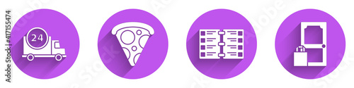 Set Fast delivery by car, Slice of pizza, Restaurant cafe menu and Online ordering and delivery icon with long shadow. Vector.