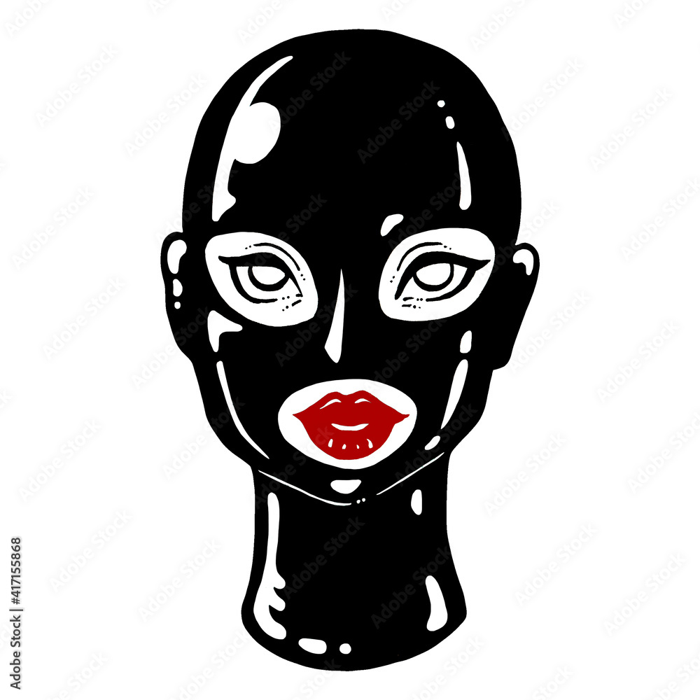 Fototapeta premium Sexy attractive elegant vintage BDSM girl in latex hood, mask. Isolated on white background. Graphic erotic illustration. 