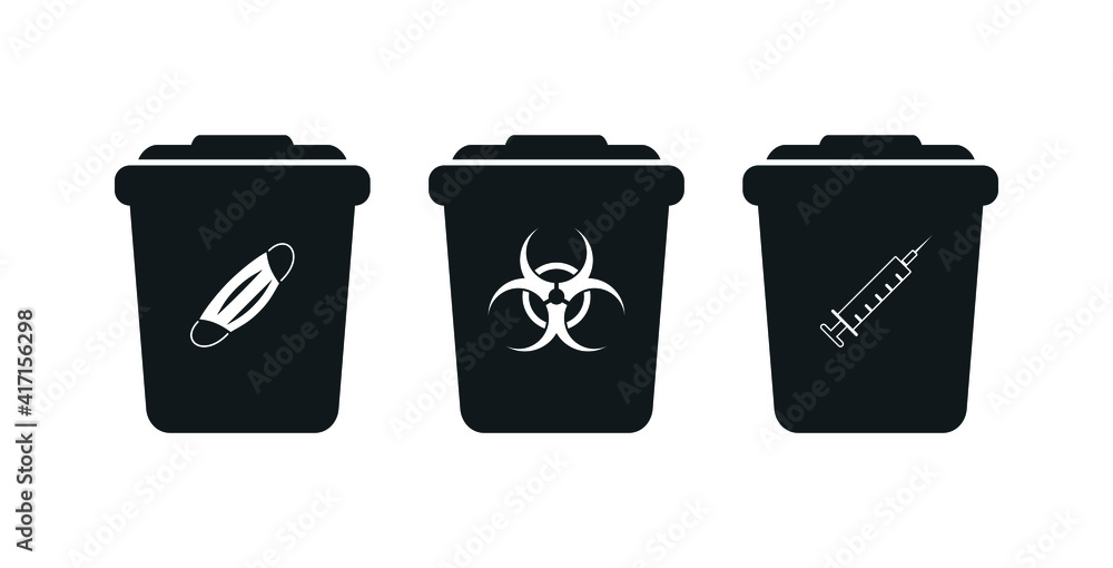 Biohazard containers icons set. Disposal of disposable syringes. For medical waste and box masks. Trash bin silhouettes isolated. Biohazard containers icons set. Disposal of disposable syringes. For medical waste and box masks. Trash bin silhouettes isolated.