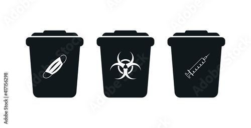 Biohazard containers icons set. Disposal of disposable syringes. For medical waste and box masks. Trash bin silhouettes isolated.