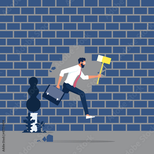 Businessman break a wall and walk apart-Business solution concept, Businessman breaks the wall, Man destroys brick wall with hammers