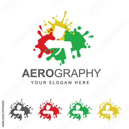 abstract label of sprayer against paint splash isolated on white background