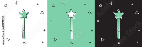Set Magic wand icon isolated on white and green, black background. Star shape magic accessory. Magical power. Vector.