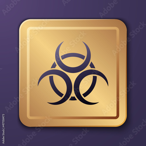 Purple Biohazard symbol icon isolated on purple background. Gold square button. Vector.