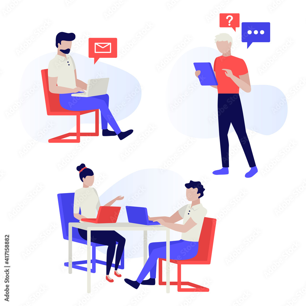 Working people. People using devices. Young people talk on the phone, use a computer and a tablet. Brainstorm concept. Successful team in coworking project. Human characters on white background. Working people. People using devices. Young people talk on the phone, use a computer and a tablet. Brainstorm concept. Successful team in coworking project. Human characters on white background.