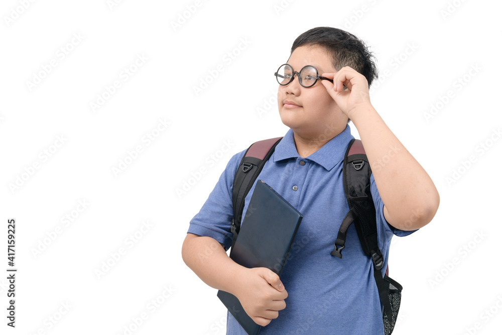Handsome boy student holding glasses and carrying a school bag isolated Handsome boy student holding glasses and carrying a school bag isolated