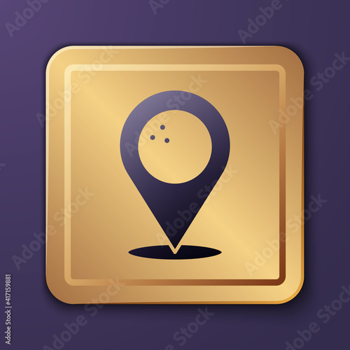 Purple Map pointer with bowling ball icon isolated on purple background. Sport equipment. Gold square button. Vector.