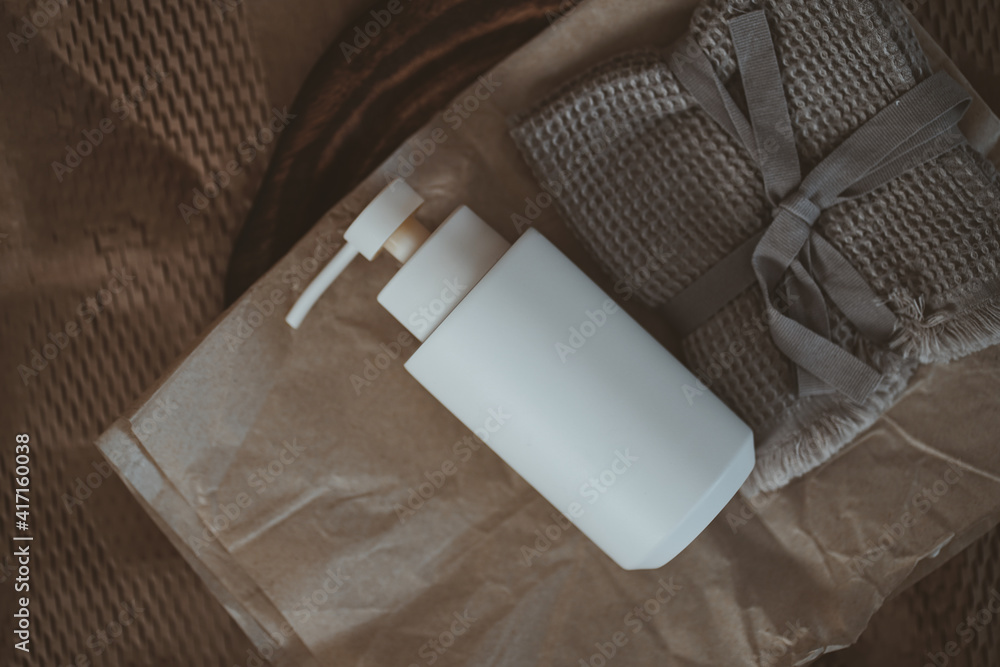 White jars for the bathroom, liquid soap in the boho interior White jars for the bathroom, liquid soap in the boho interior