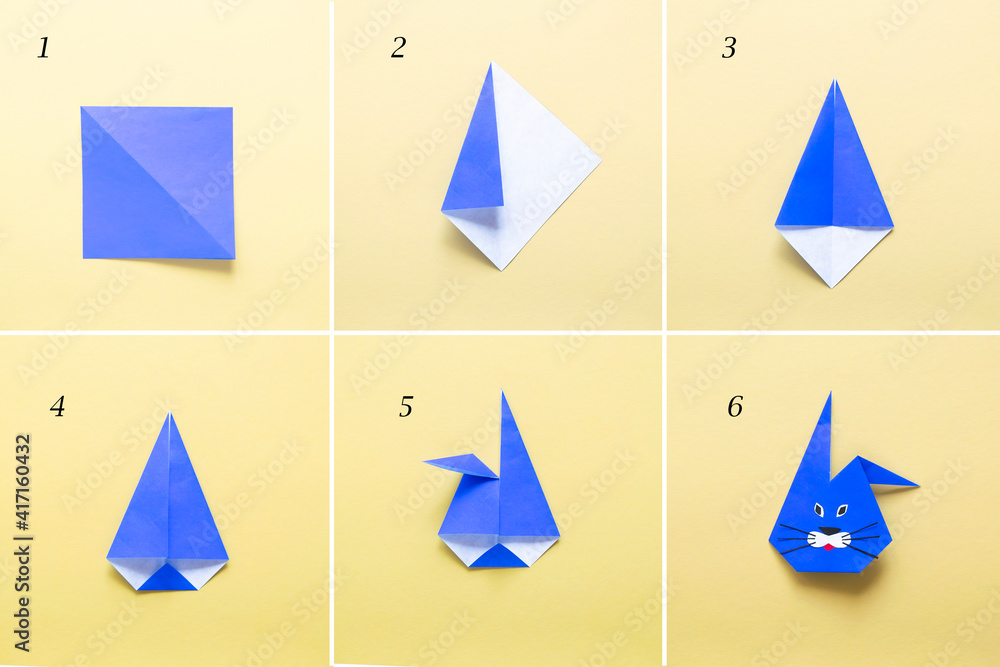Step by step photo instruction How to make Origami paper bunny. Simple diy  kids children's concept. Stock Photo