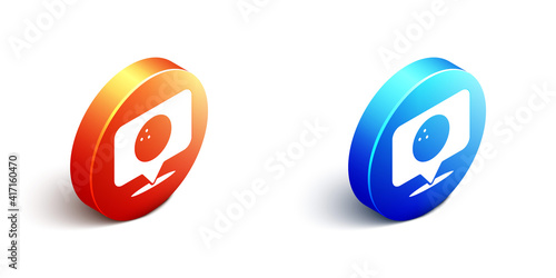 Isometric Map pointer with bowling ball icon isolated on white background. Sport equipment. Orange and blue circle button. Vector.