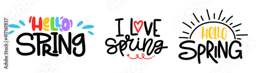 Hello and i love spring. Set of different phrases. Collection of hand drawn lettering. Words isolated on white background for decoration, design, print.